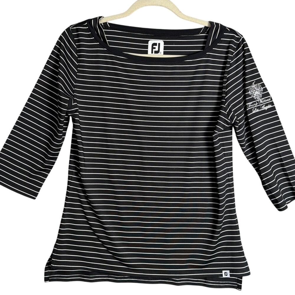 FootJoy Women's Golf Performance Top Black White Stripe 3/4 Sleeve Shirt Athlete